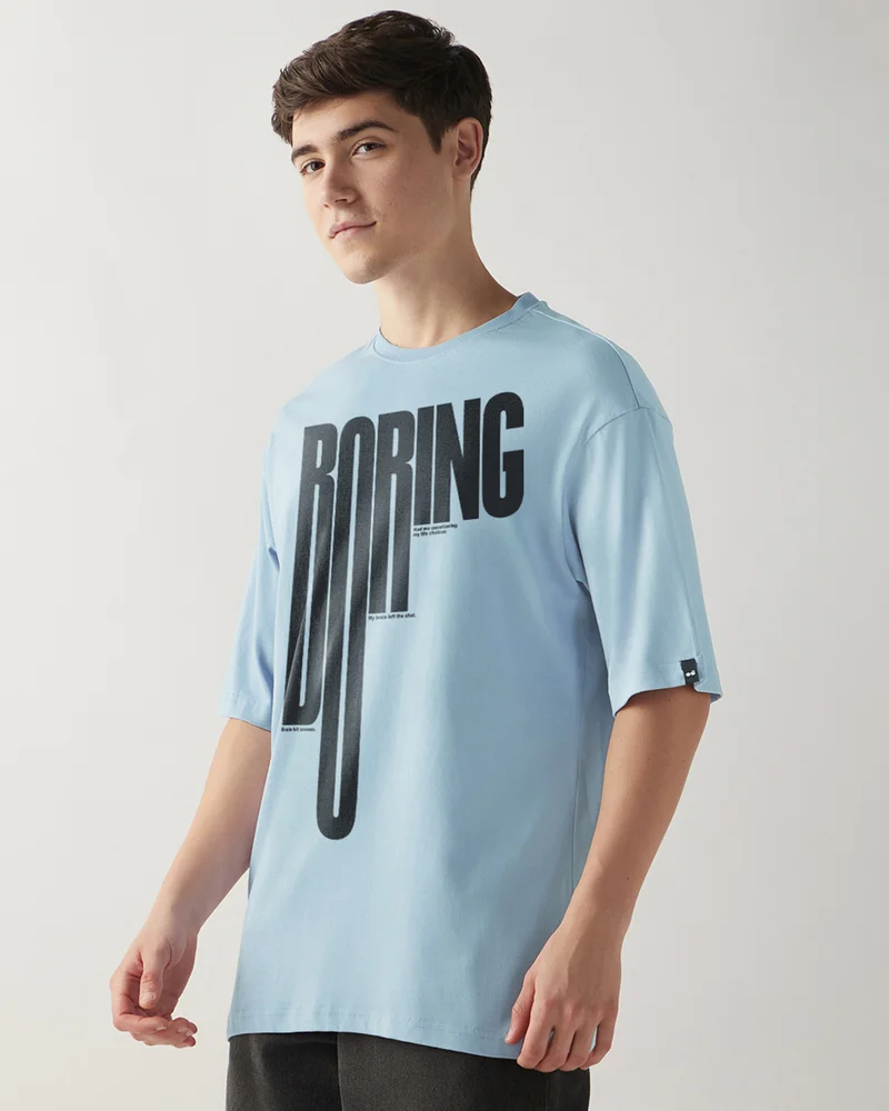 بيواكوف Men's Chambray Blue Boring Typography Oversized T-shirt